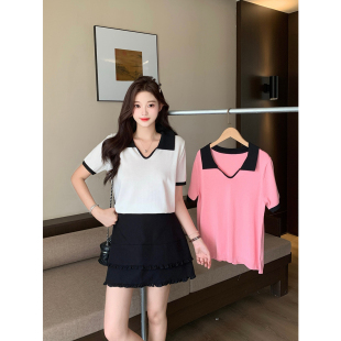 设计感撞色翻领短袖 实价实拍2026夏装 女时尚 胖mm大码 T恤上衣 新款