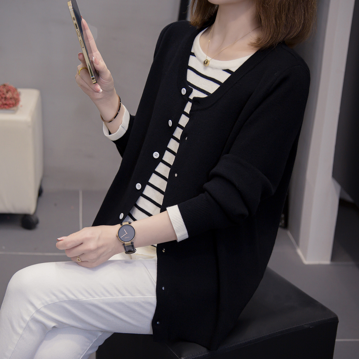 大码韩系条纹假两件针织开衫女