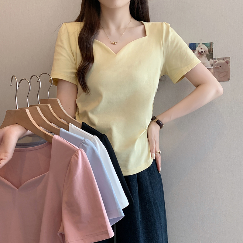 正肩短袖t恤女夏季大码女装简约方领露锁骨宽松显瘦遮肚子V领上衣