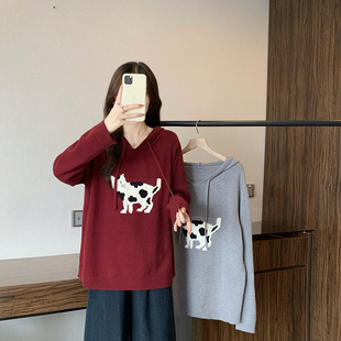 微胖2025冬装新款胖mm大码女休闲小猫连帽慵懒针织显瘦毛衣上衣