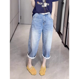 女老爹裤 子 新款 八分哈伦裤 2025夏季 薄款 显瘦萝卜裤 阔腿牛仔裤 大码