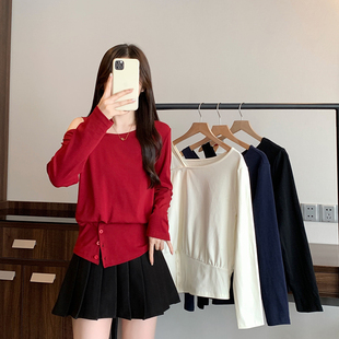 大码休闲露肩长袖T恤女秋季2025新款胖MM遮肉显瘦体桖设计感上衣