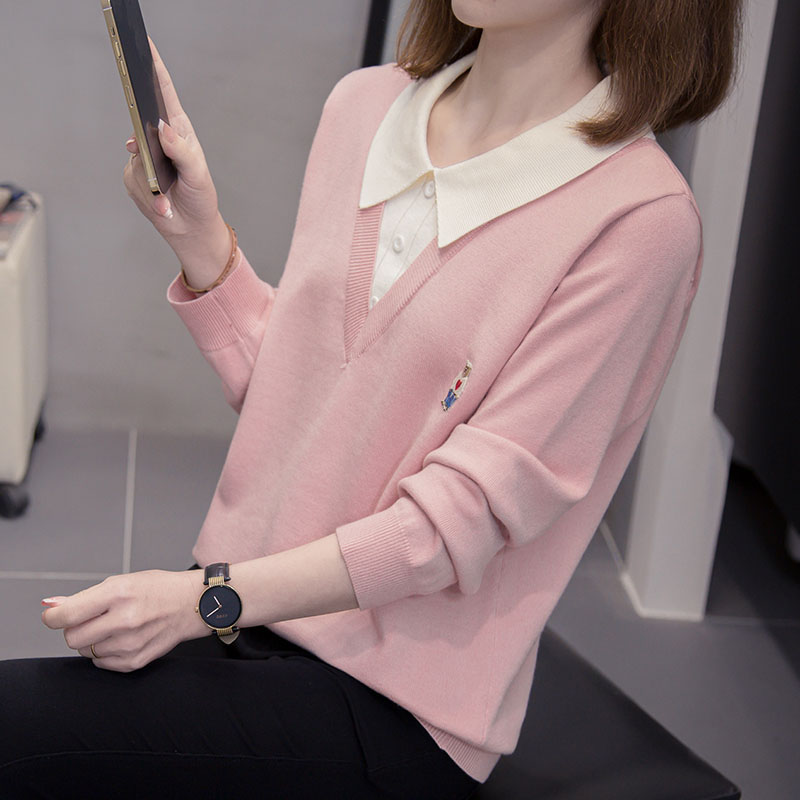 2025秋冬新款刺绣娃娃领拼色假两件针织衫上衣大码女装微胖mm毛衣