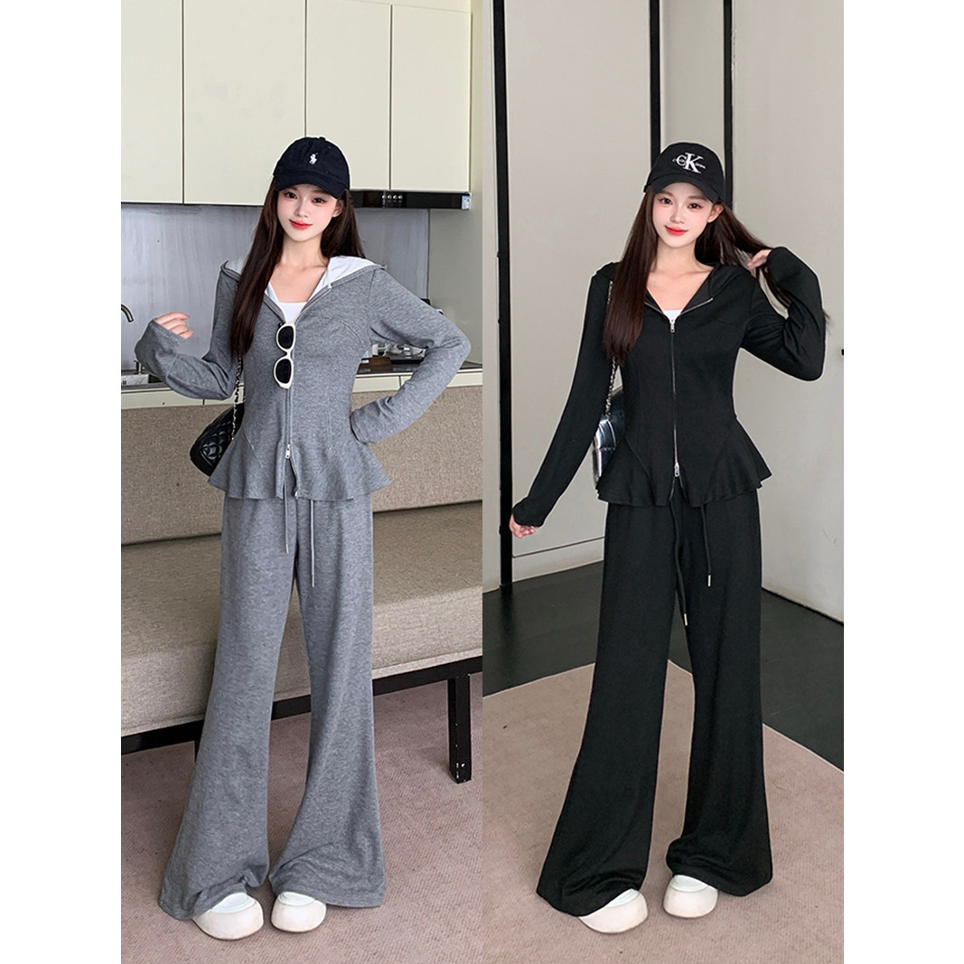 松弛感穿搭休闲套装大码连帽外套女胖MM显瘦微喇裤秋装搭配一整套