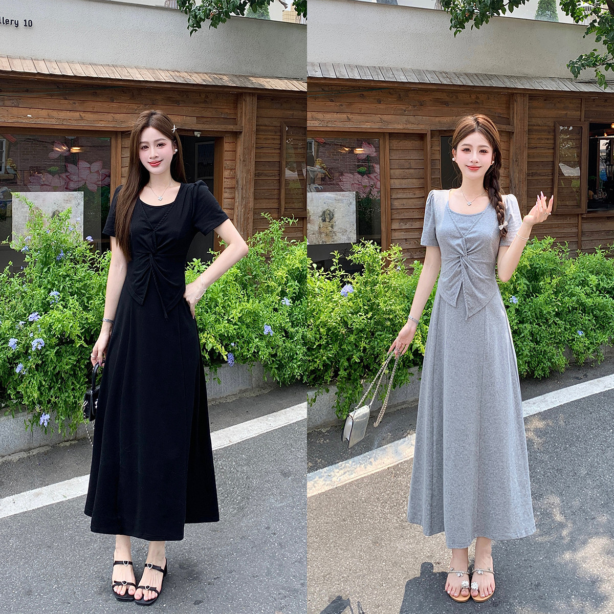 法式假两件连衣裙女夏装新款大码胖mm显瘦掐腰今年流行爆款长裙子