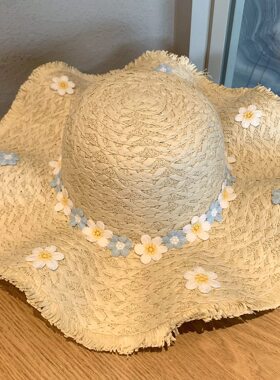花朵草帽女夏季海边沙滩