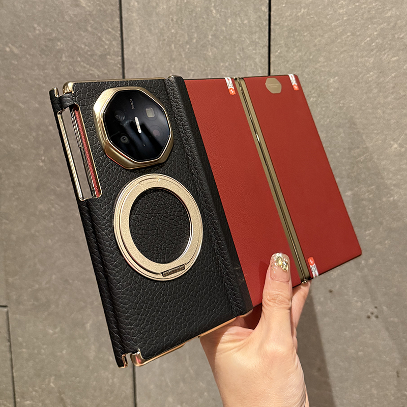 适用于华为matext非凡大师手机壳新款mateXT三折叠中轴保护壳高档旋转支架真皮皮套MateXTS商务黑色保护套