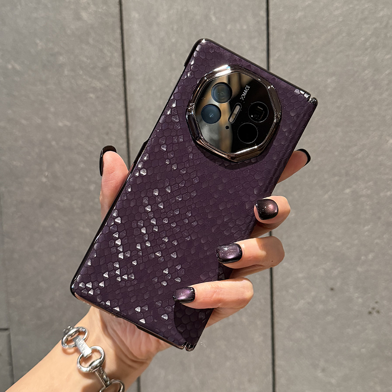 适用华为matex5手机壳折叠屏新款电镀硬壳mateX6典藏版双中轴保护套高档真皮防摔后壳小众贵妇紫蛇纹