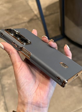 适用于三星GalaxyZFold7手机壳高级灰色皮质新款双中轴保护后壳Fold6全包防摔简约时尚电镀硬壳心系天下