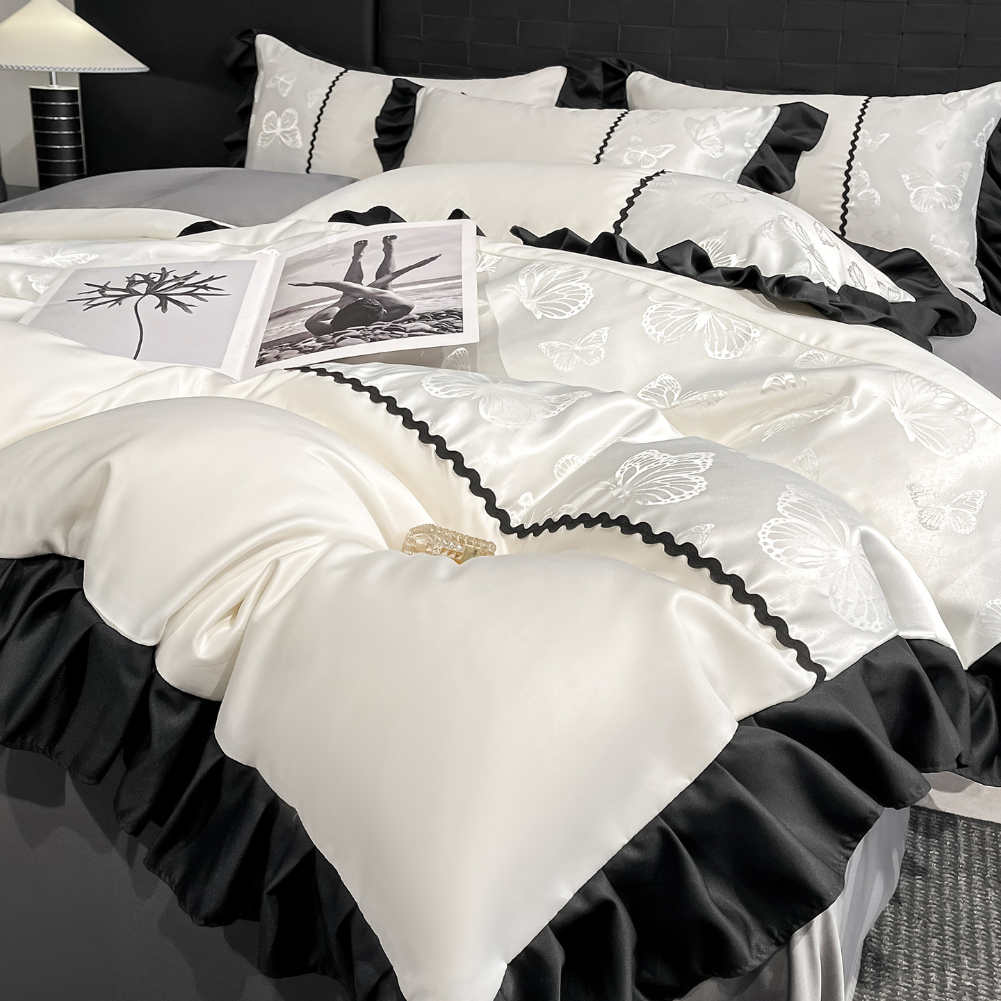 高端床上真丝四件套夏季轻奢冰丝床单床笠被套床笠款高档丝绸床品