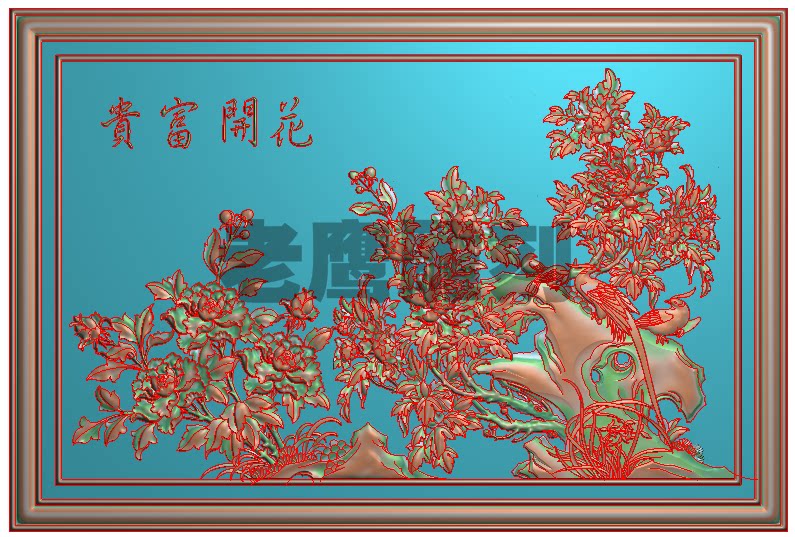 花鸟精雕图浮雕图 牡丹花 花开富贵挂屏风灰度图 jdp 有线 bmp