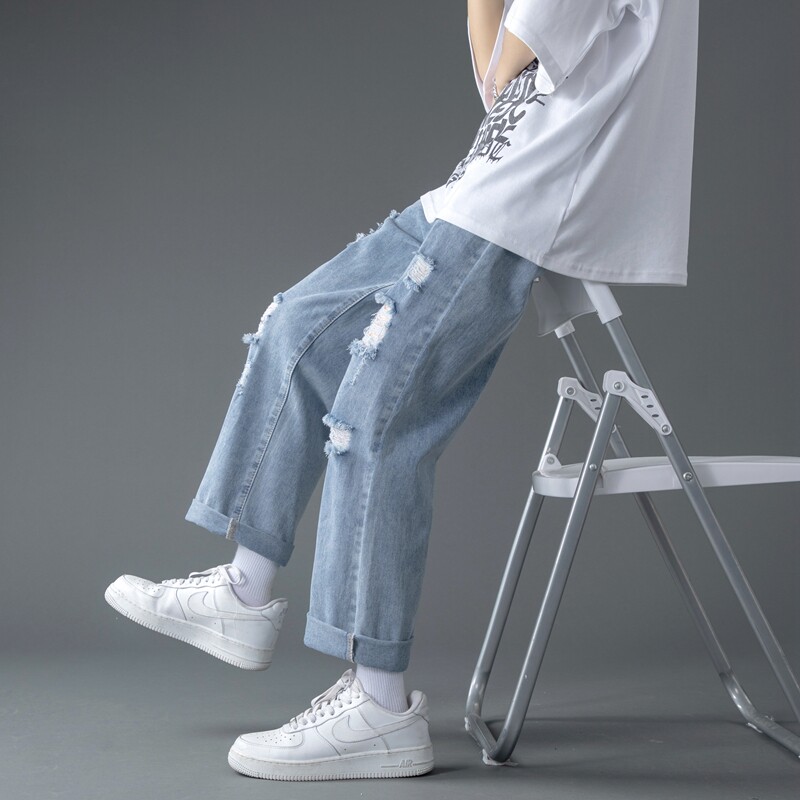 夏季薄款九分破洞牛仔裤男阔腿直筒宽松百搭潮流港风ins高街休闲