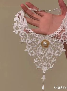 法式白色蕾丝镂空花纹项链千金感重工珍珠流苏吊坠锁骨链