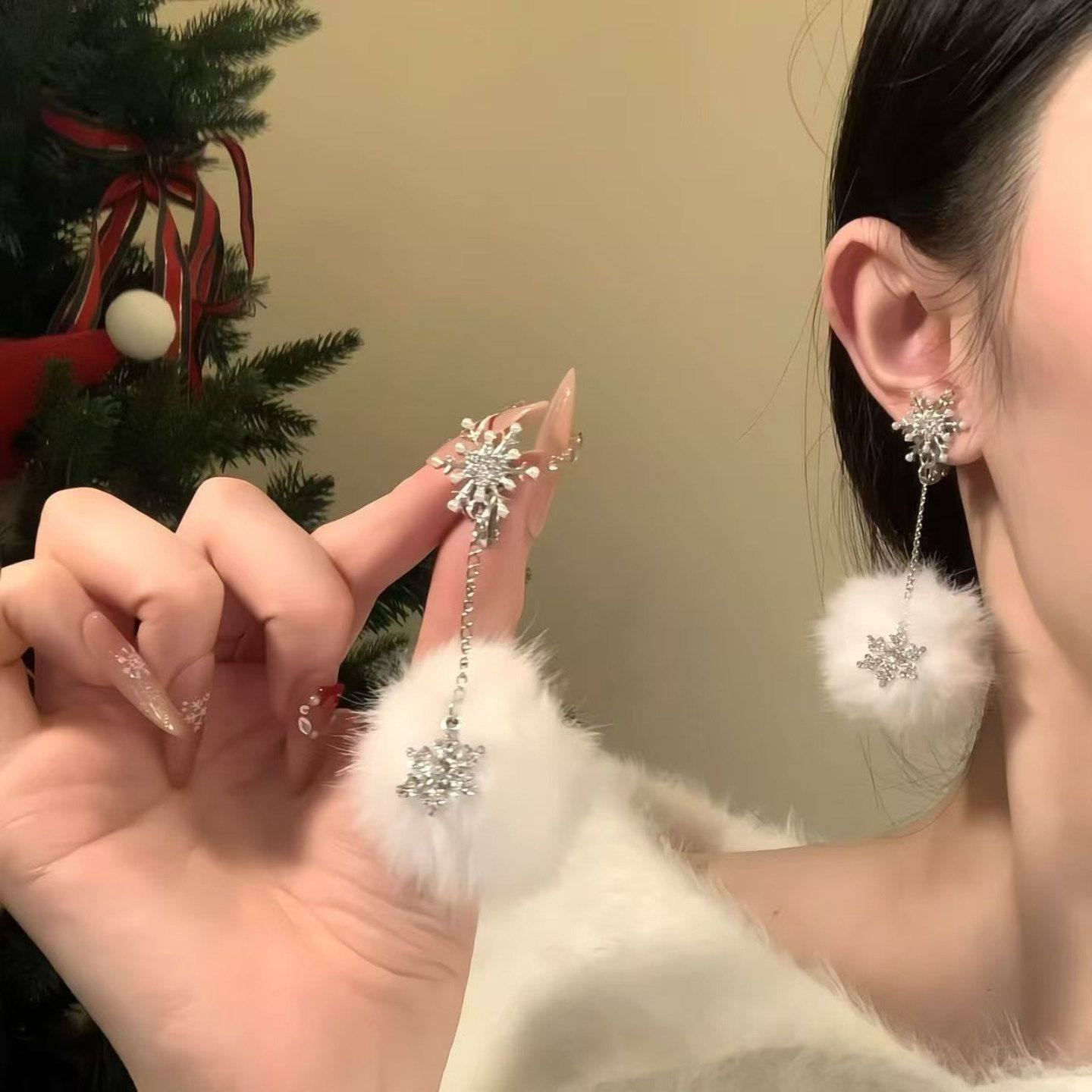 HEY TAO秋冬雪花长款毛绒耳坠超仙气质氛围感耳环无耳洞耳夹耳饰,饰品/流行首饰/时尚饰品新,耳环,淘宝优惠券,粉丝福利购,淘宝优惠卷