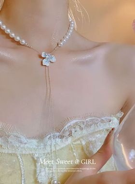 复古冰晶蓝色鸢尾珍珠项链高级感抽拉锁骨链轻奢小众2025新款颈链