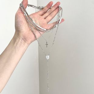 「朝雾圣歌」银色十字架流苏多层项链 vintage小众复古叠戴锁骨链