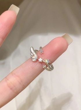纯白的梦 原创设计天使翅膀闪钻戒指小众简约冷淡银色开口指环女