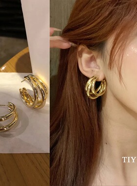 S925银针欧美气质金属质感耳环C字圆环个性耳钉设计感小众耳饰品