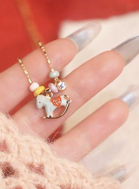 马上有福~旋转木马跑环吊坠项链珐琅少女心锁骨链ins多巴胺毛衣链