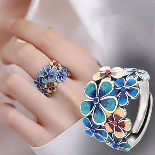 景泰蓝珐琅繁花似锦戒指女款小众设计复古民族风高级感开口指环