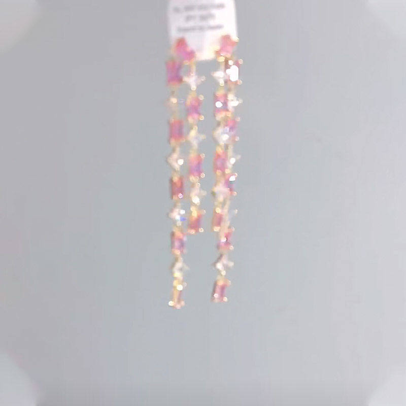 长款方形锆石流苏耳坠女甜美气质粉色耳饰可拆卸两戴夏季新款耳环