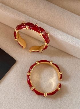 本命年酒红色金珠格纹开口戒指女2026新款爆款小众可调节食指戒环