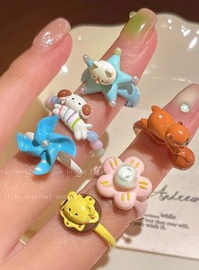 卡通乐园风车小猫戒指女巨好看的学生党食指戒小众设计叠戴指环