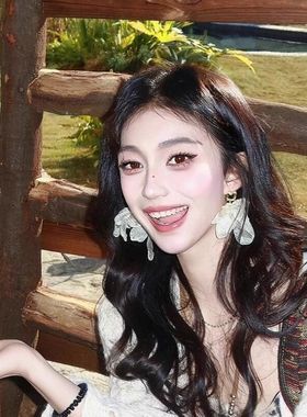 白色网纱夸张花朵耳环适合春夏旅游度假拍照的耳饰耳钉长款耳坠女