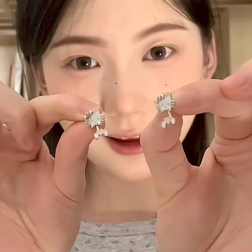 两戴KT!RINGRING商店耳钉女卡通小猫独特耳环甜美可爱耳饰后挂式