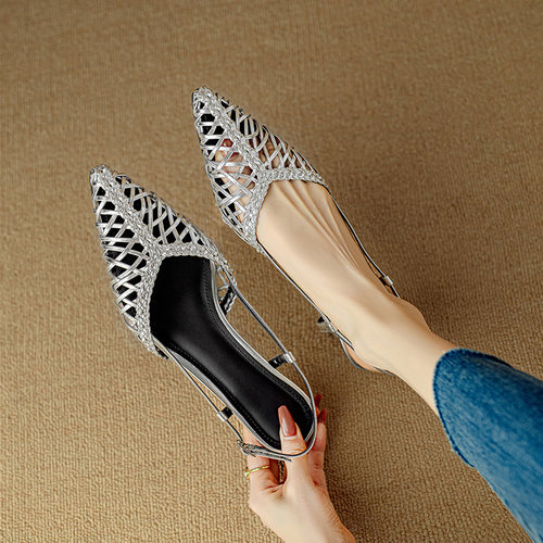 银色镂空编织包头凉鞋女