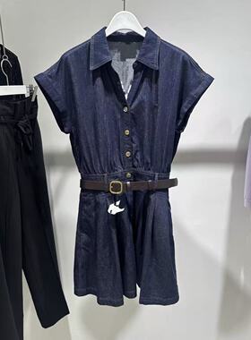 LIL*商场同款简约百搭收腰莱赛尔V领牛仔衬衫式连衣裙125220G7605