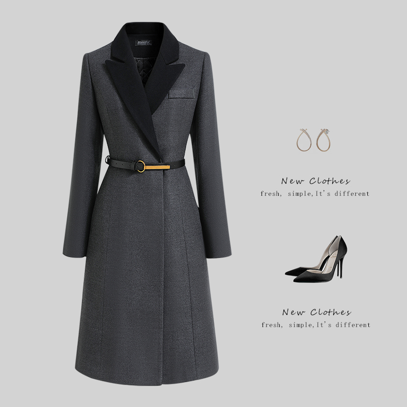 撞色西装领职业毛呢大衣冬气质修身呢子外套工作服加厚高级感工装