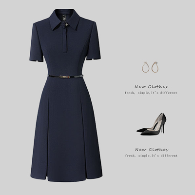 时尚翻领职业连衣裙夏短袖气质修身收腰显瘦幼儿园老师工作服工装