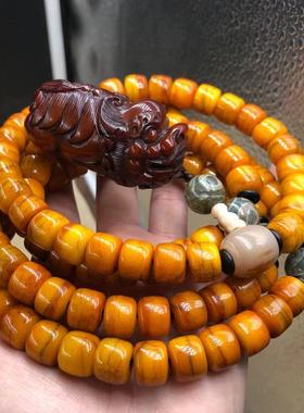 西藏风化老料牦牛骨手串藏式108颗牦牛角手把件脖挂佛珠念珠配饰