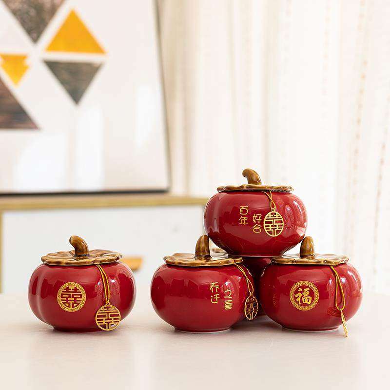结婚喜糖罐乔迁一对柿子陶瓷糖盒送朋友订婚桌面摆件新婚朋友礼物