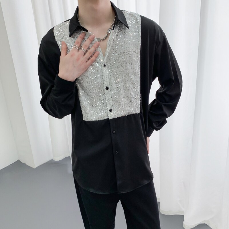 714A-H3033P55控88/2025秋暗黑衬衫发型师美容厅假两件亮片工作服图片