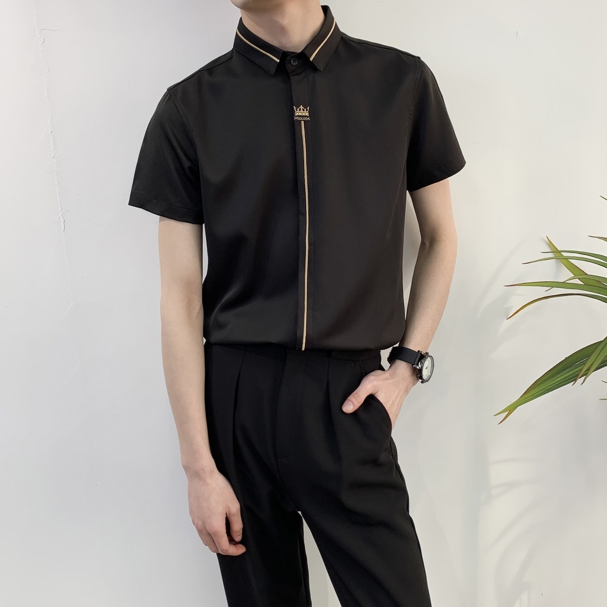 714A-C560P40控59/2025夏季男女同款工作服短袖衬衫潮流修身制服图片
