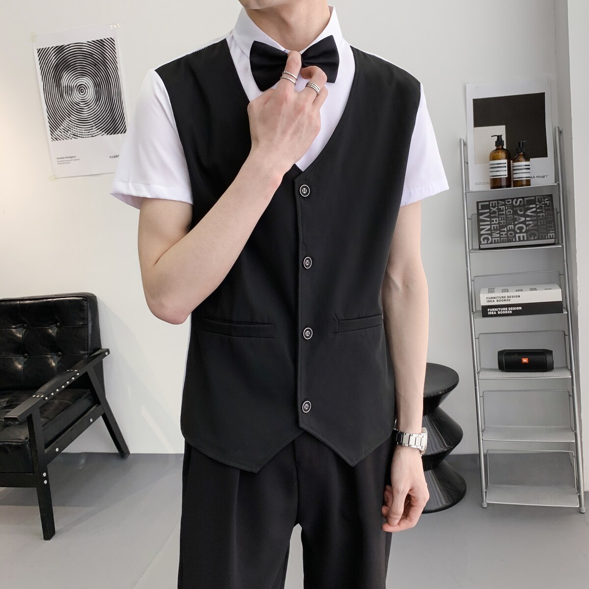 714A-H3057P55控79/2025夏季假两件工作服衬衫假两件ktv酒吧制服图片
