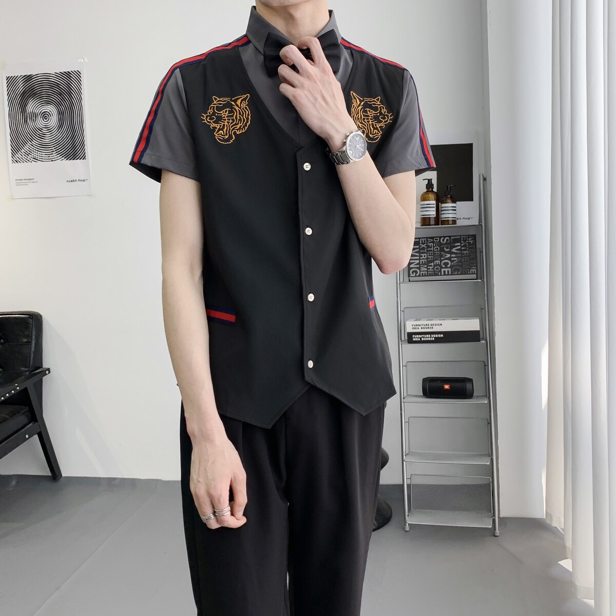 714A-H665P55控79/2025新夏季ktv酒吧理发店餐厅假两件工作服衬衫图片