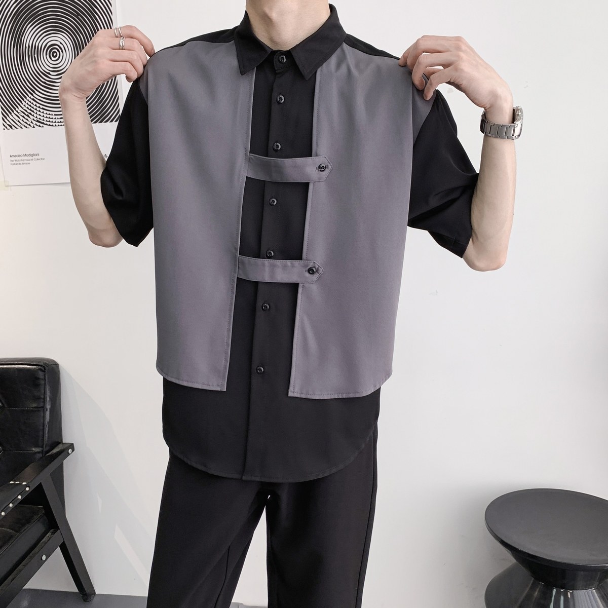 714A-H3055P55控79/2025夏季假两件工作服衬衫发型师夜店奶茶店,男装衬衫,星座714A（原电商C314）