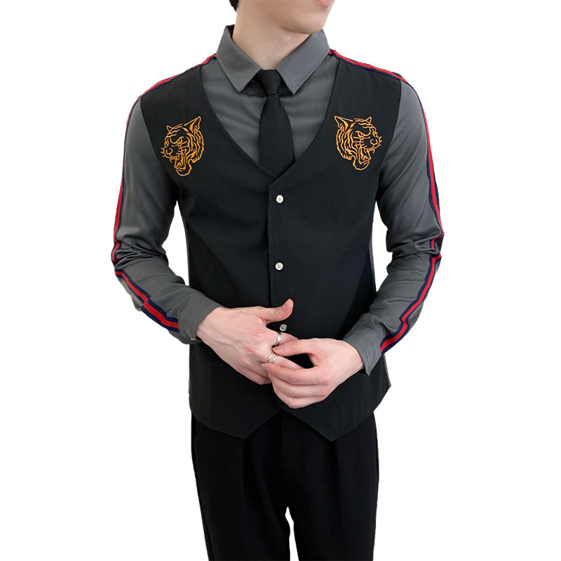 714A-H654P55控88/2025男士修身假两件绣花衬衫工作服ktv少爷制服,男装衬衫,星座714A（原电商C314）