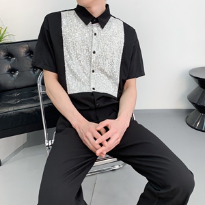 714A-D3075P45控69/2025夏季男士宽松亮片衬衫夜店舞台服衬衣潮图片