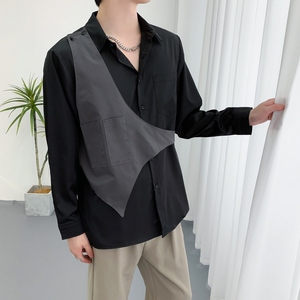 714A-H3010P55控88/2025秋季新款发型师工作服衬衫假两件马甲衬衣图片