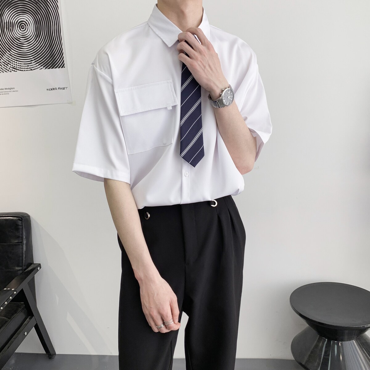 714A-C3054P40控59/2025夏季学院风清爽纯色宽松休闲衬衫工作服图片