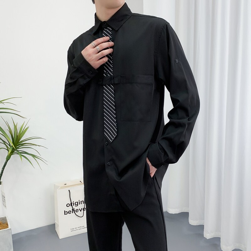 714A-H3009P55控88/2025秋发型师工作服衬衫条纹领带拼接宽松衬衣,男装衬衫,星座714A（原电商C314）