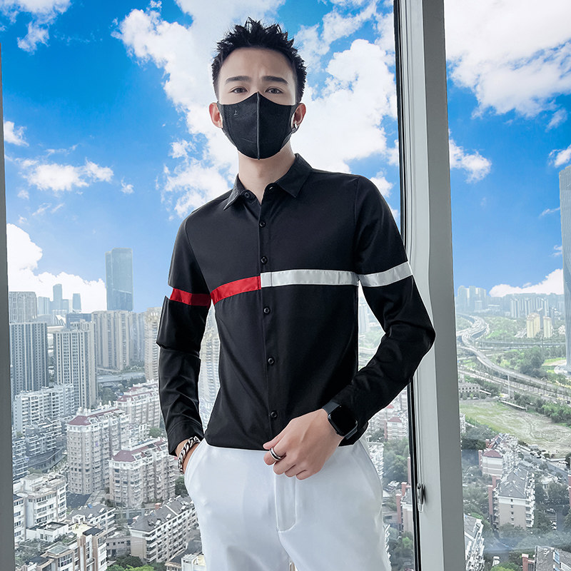 714A-T9067P35控55/2025春季男士撞色织带衬衫修身制服衬衣青少年图片