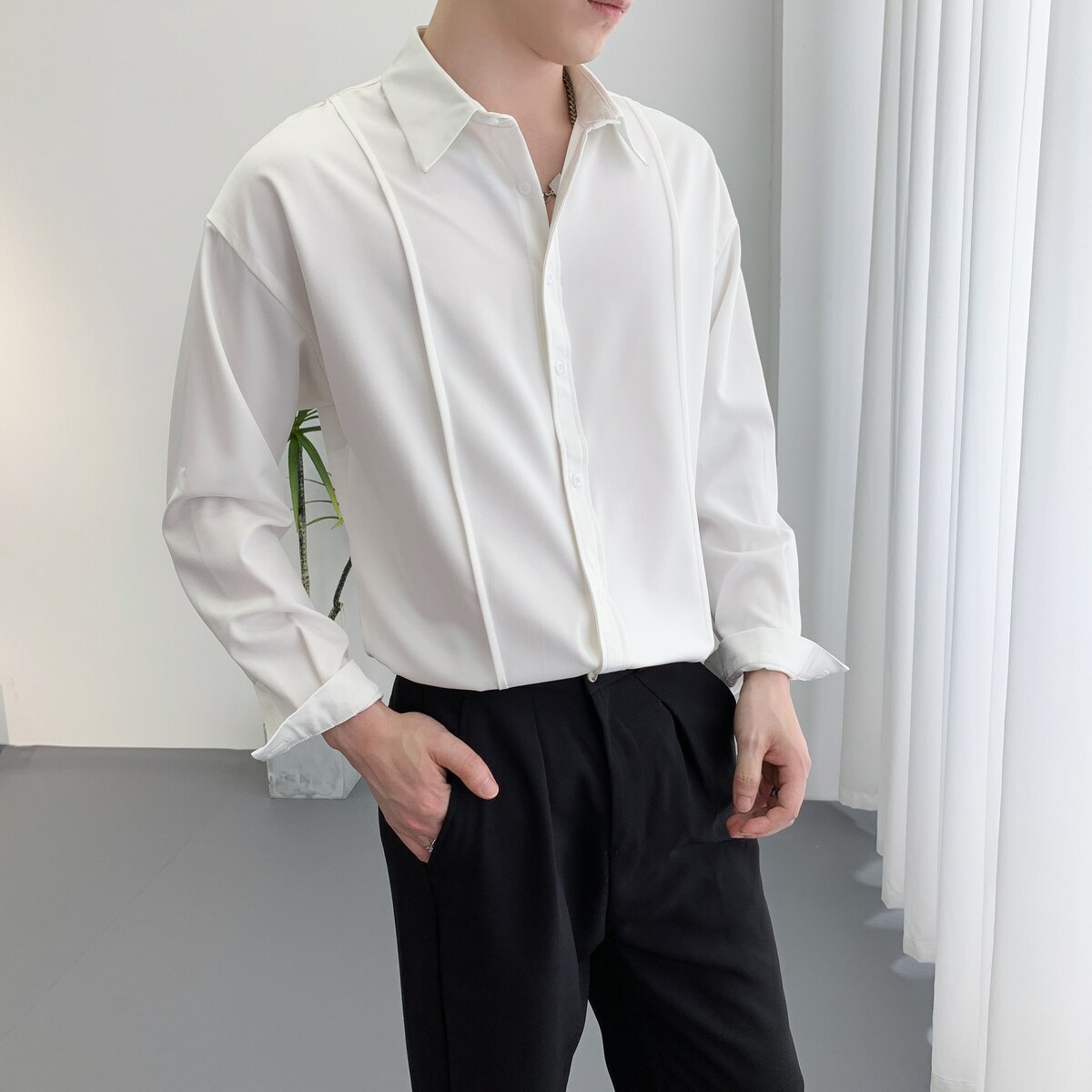 714A-D3039P45控69/2025春季潮男休闲宽松衬衫慵懒风垂感中性衬衣图片