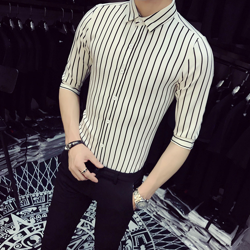 5002/店主风2025韩版男士五分袖中袖衬衫工作服简约条纹S-5XLP50，男装T恤，星座714(原C313)