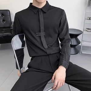 714A-D3035P45控69/2025秋季男士修身工作服衬衫领带条纹拼接衬衣图片