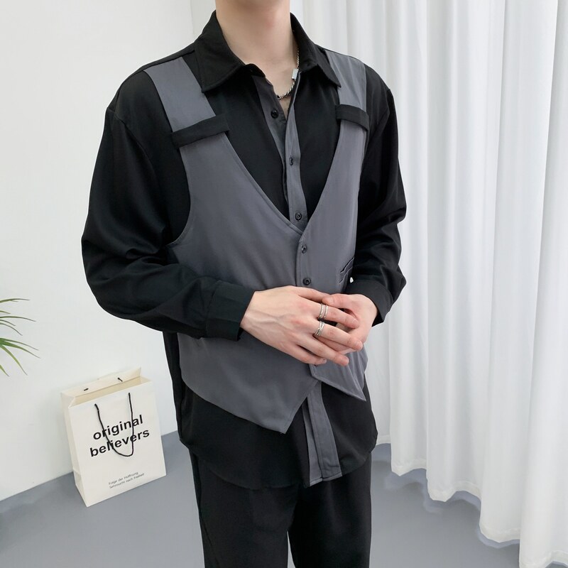 714A-H3020P55控88/2025秋暗黑冷淡衬衫发型师美容厅假两件工作服,男装衬衫,星座714A（原电商C314）